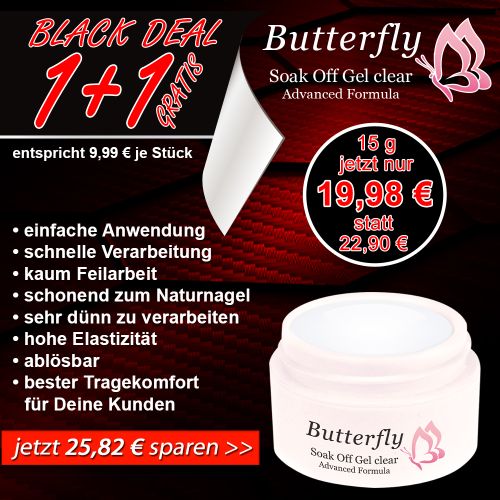 1+1 AKTION: Butterfly Soak Off Gel clear 15g