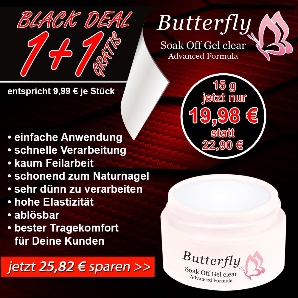 1+1 AKTION: Butterfly Soak Off Gel clear 15g