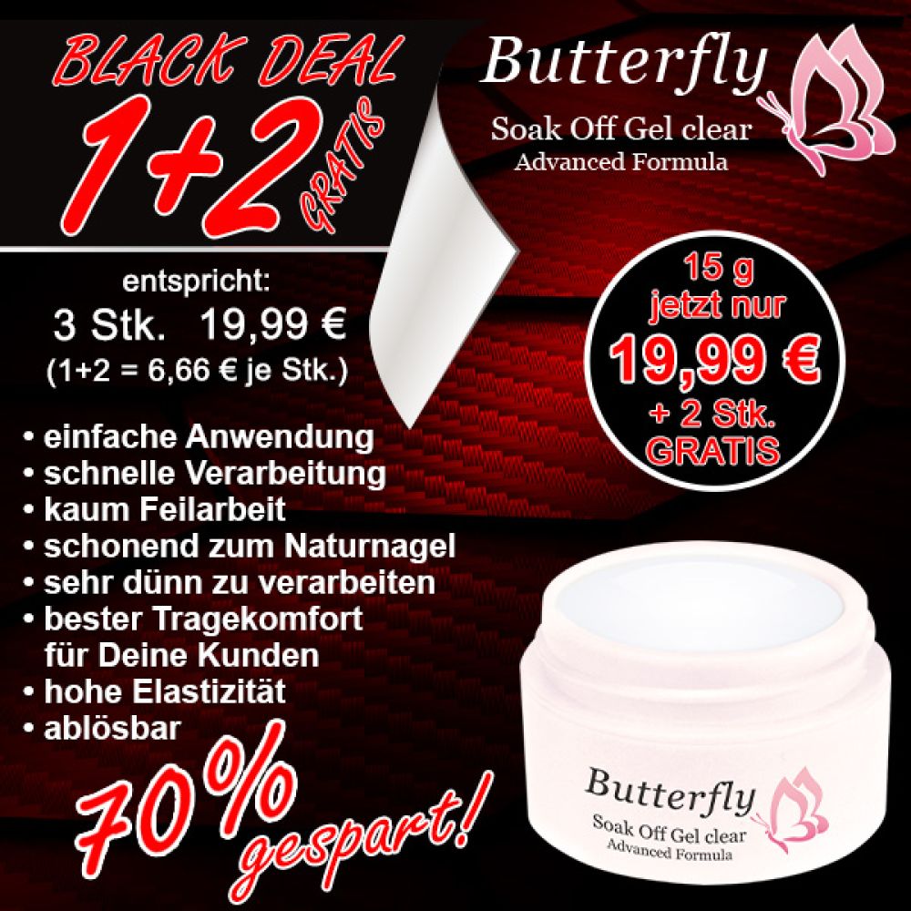1+1 AKTION: Butterfly Soak Off Gel clear 15g